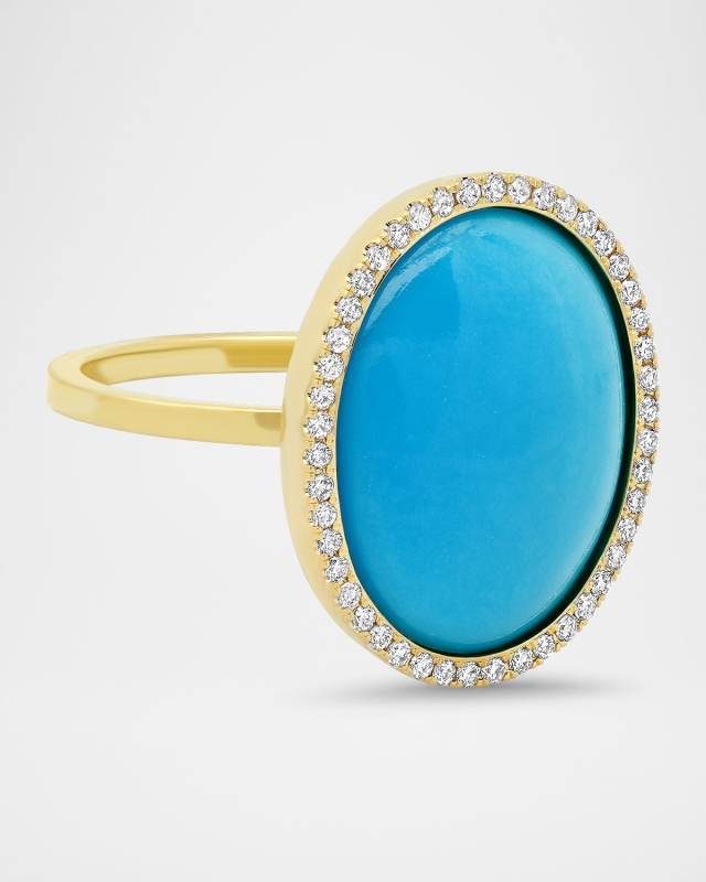 One of a Kind 18K Yellow Gold Small Cabochon Ring with Turquoise and Diamonds, Size 6.5